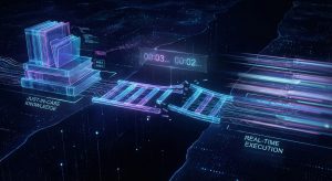 Conceptual digital illustration depicting the gap between "Just-in-Case Knowledge" (static books) and "Real-Time Execution" (fast light streams), precariously connected by a fragile digital bridge under a countdown timer.