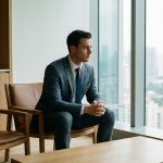 Um jovem executivo de terno formal sentado com as mãos entrelaçadas em um escritório moderno e minimalista. Ele mantém uma expressão séria e pensativa enquanto olha para uma grande janela com vista para a cidade, transmitindo uma atmosfera de tensão silenciosa e espera, sem tecnologia visível.